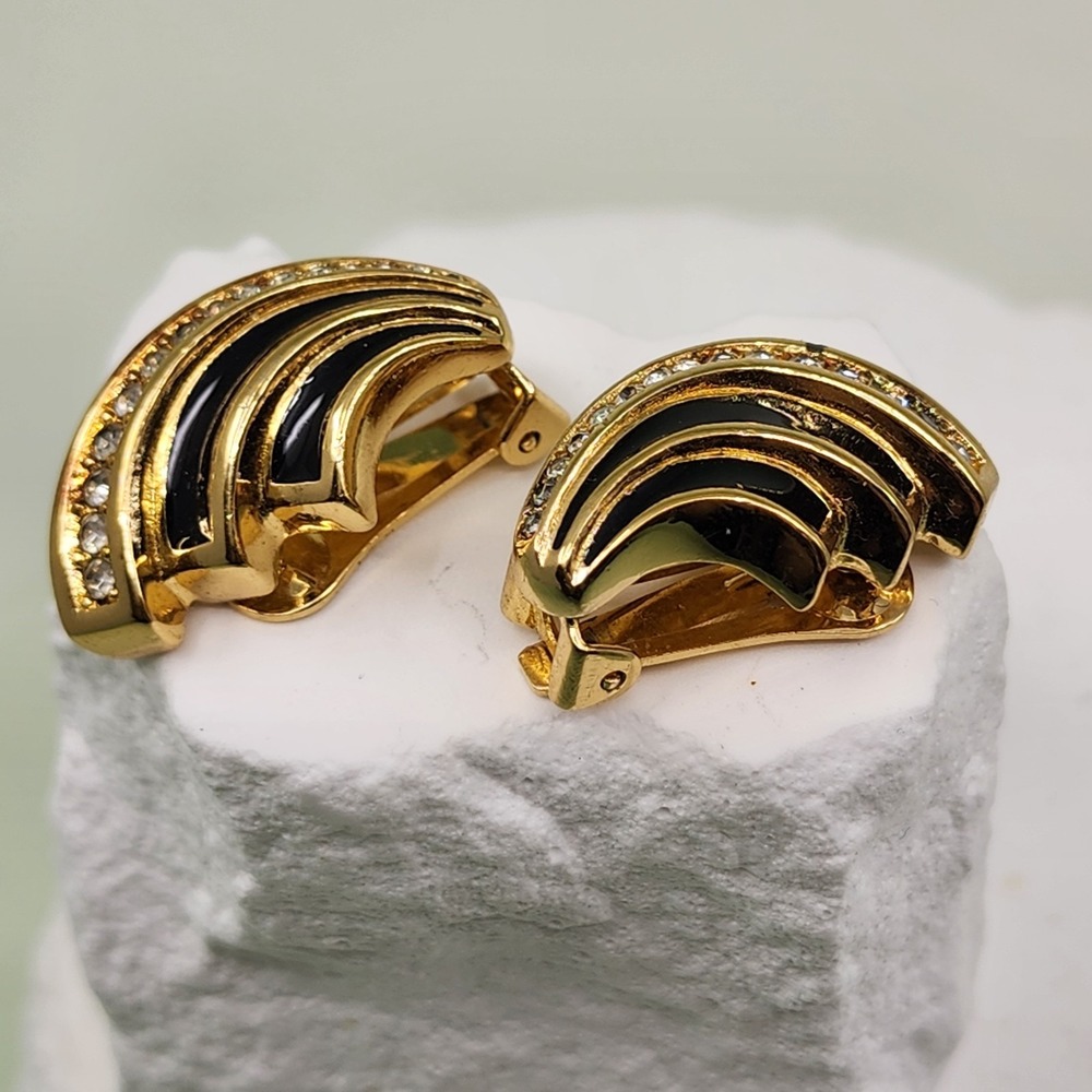 Christian Dior Vintage Black Enamel Rhinestone Gold Tone Clip On Earrings Signed